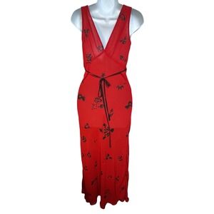 MEME Red Black Floral Mesh Maxi Dress V-Neck Sleeveless Tie Waist Size M Y2K